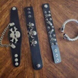 Lot of (4) Rock/Punk/Goth/Metal Leather Style Skull Wristbands/Bracelets